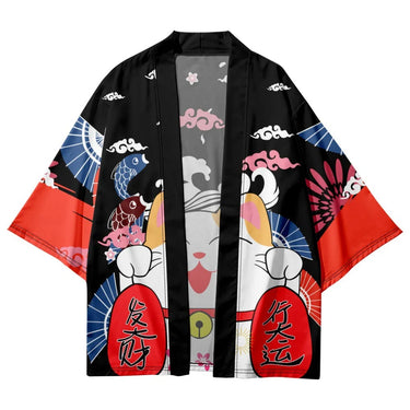 Elegant Kimono Cat Cloak by KittyNook Cat Co. features cats, fish, fans, clouds, and kanji in black and red design.